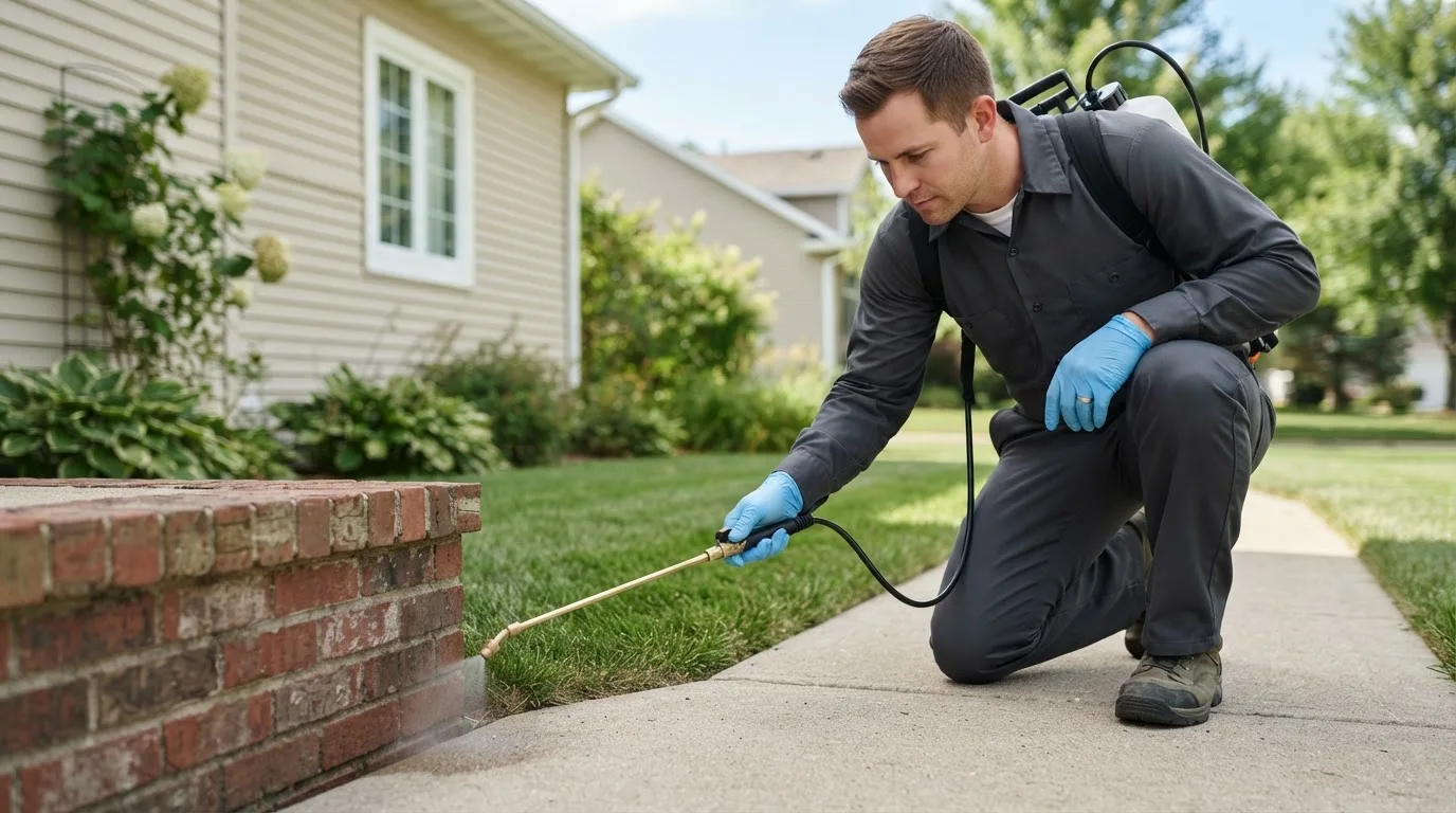 Pest control technician treating a home near New Auburn, MN